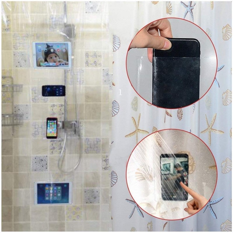 Fangkun iPad Mount Clear Shower Curtain Liner - 4 Touch-sensative Pockets - Bath/Shower Organizer - Bathroom Storage Bag 32 x 72 inches - Image 2